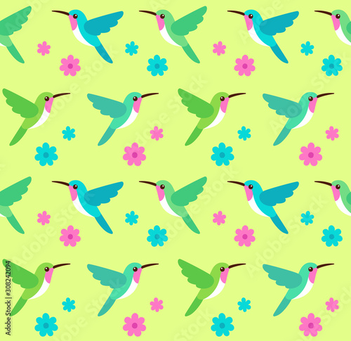 Hummingbirds and flowers seamless pattern