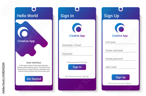 mobile application user interface opening. create account ui design. vector illustration 