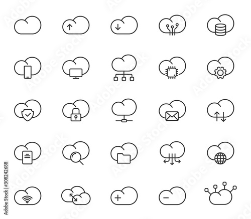 Cloud computing outline icons isolated on white background. Cloud computing icons such as data synchronisation, transfer, cloud settings. For web, mobile app and ui design. Networking business concept