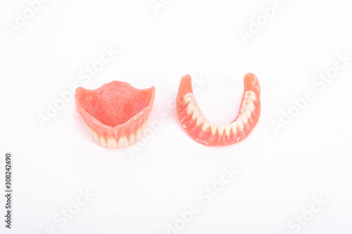 Two dentures. Dental hygienist checkup concept with teeth model dentures. Regular dentist checkups