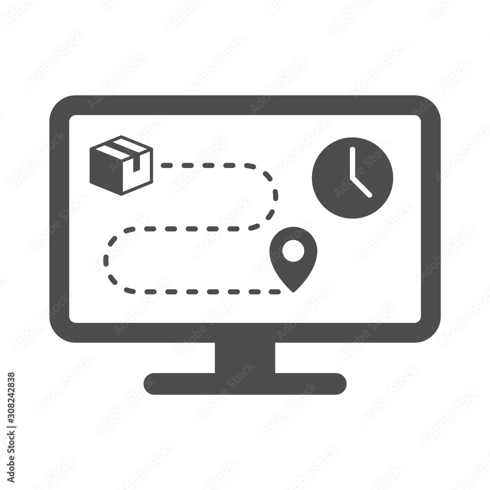 Online delivery service vector icon isolated on white background. Desktop computer with express delivery app showing delivery status and time. Delivery illustration for web, mobile and ui design Online delivery service vector icon isolated on white background. Desktop computer with express delivery app showing delivery status and time. Delivery illustration for web, mobile and ui design