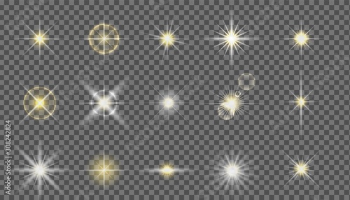 Flash camera light effect. Realistic twinkle stars. Vector glow shine element set. Starlight isolated on transparent background vector set
