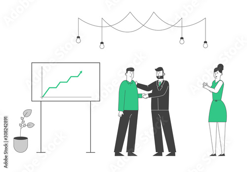 Satisfied Boss Shaking Hand to Businessman at Screen with Growing Graph. Businesspeople Celebrate Project Success Development and Reach Target in Office. Cartoon Flat Vector Illustration, Line Art
