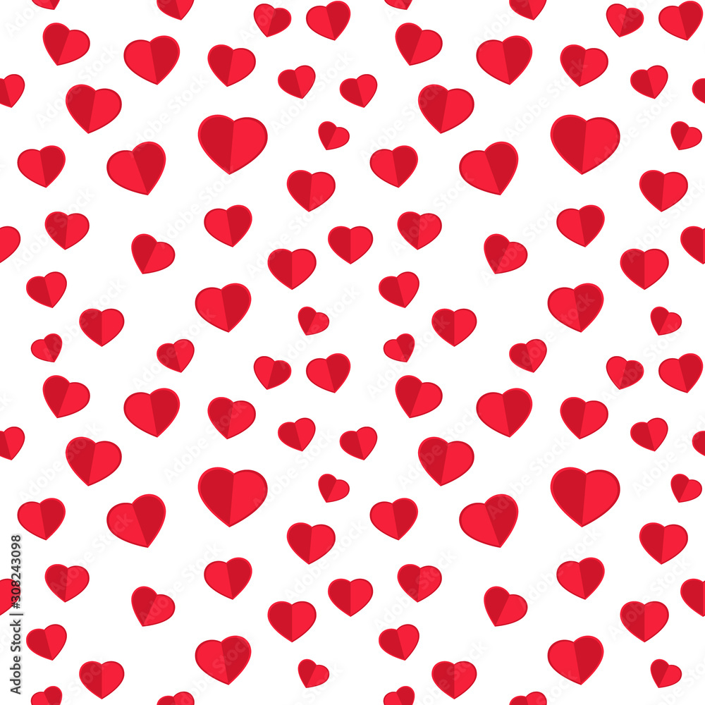 Valentine day vector seamless pattern with red hearts. Half shaded red hearts on white background for print pattern on packaging, wrapper, box, cards. Valentine day, love and relationships concept