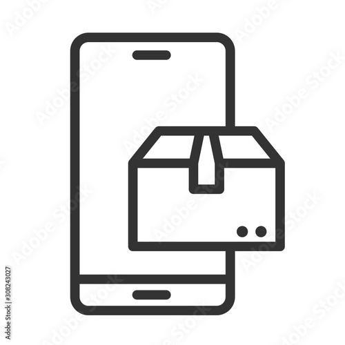 Online delivery service outline icon isolated on white background. Smartphone with express delivery app showing the package. Delivery and logistics vector illustration for web, mobile and ui design