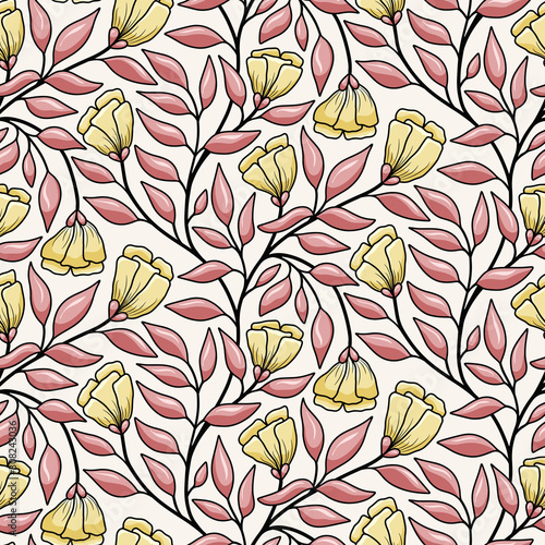 Floral branch seamless vector pattern with intertwined flowers and leaves