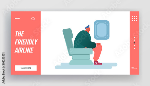 Man Sitting in Air Plane Travel by Flight Website Landing Page. Relaxed Traveler or Tourist Looking at Window in Airplane, Airline Traveling Service Web Page Banner. Cartoon Flat Vector Illustration