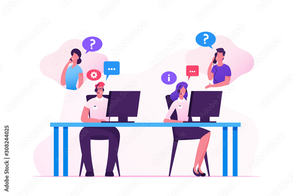 Hotline Operators Help Clients to Solve their Problems. Smiling Friendly Male and Female Call Center Receptionists with Headset Working on Support Customers Line. Cartoon Flat Vector Illustration