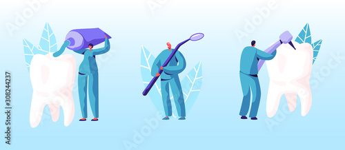 Stomatology, Dentistry Concept. Small Dentists Cleaning, Treating Big Unhealthy Tooth Plaque and Caries Hole. Doctors Work Together Brushing, Scaling, Drilling Plaque. Cartoon Flat Vector Illustration
