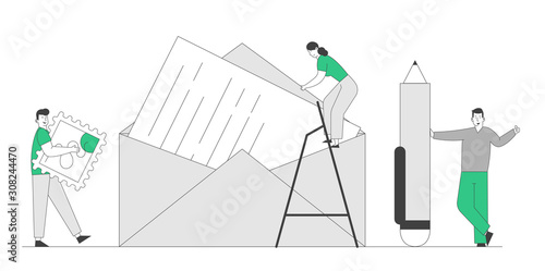 Tiny Woman Standing on Ladder Put Paper Letter with Handwritten Text into Huge Envelope, Man Going to Stick Postage Stamp. People Sending Mail to Friends. Cartoon Flat Vector Illustration, Line Art