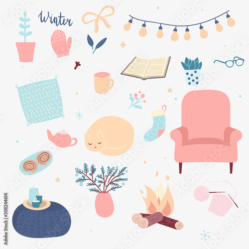 Vector set of winter hygge elements. Isolated on white background. Scandinavian style. Cozy home things. Sleeping cat, soft chair, knitting