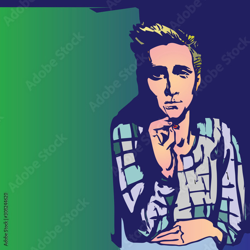 fictional portrait of a smoking young man in a plaid shirt
