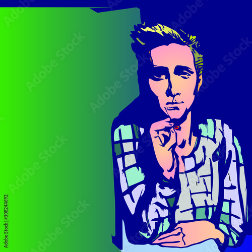 fictional portrait of a smoking young man in a plaid shirt