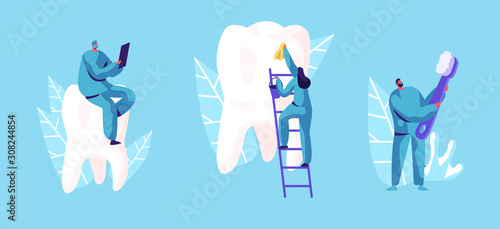 Dental Care Concept. Tiny Dentists Characters in Medical Robe Cleaning and Brushing Huge Teeth. Doctor Using Gadget. Health Care, Oral Treatment Program, Check Up Cartoon Flat Vector Illustration