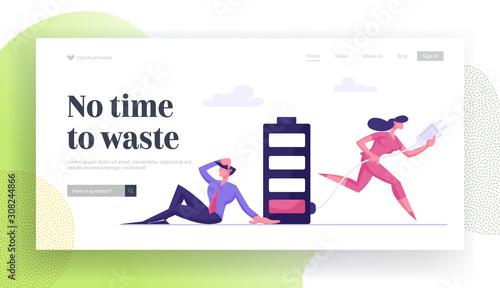 Businesspeople Lack of Time Website Landing Page. Woman Carry Charger Wire with Plug to Put in Socket for Charging Huge Battery with Low Energy Percent Web Page Banner Cartoon Flat Vector Illustration