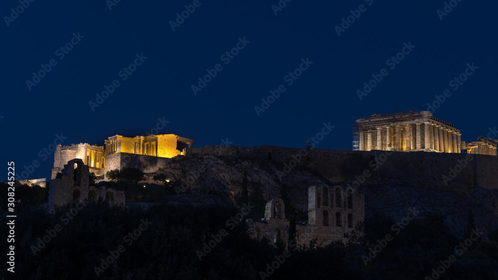 The Parthenon and Acropolis lit up at night