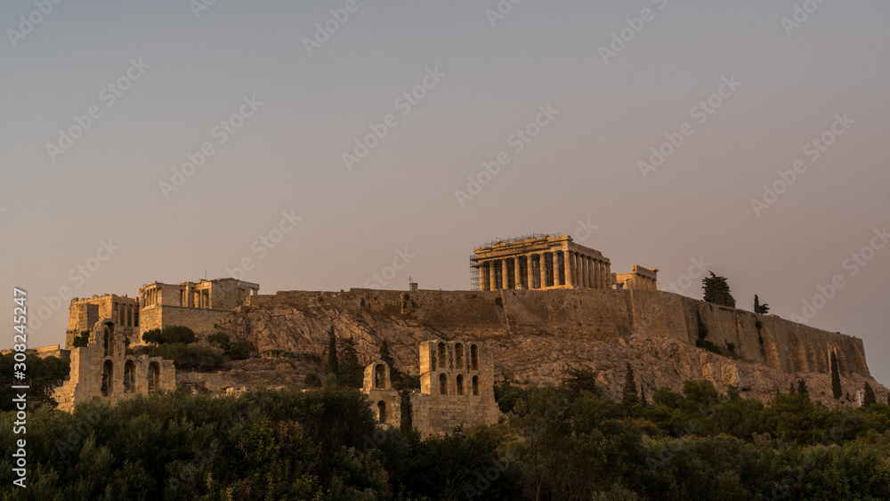 The Parthenon, Propylaea and Acropolis on a clear day with no clouds