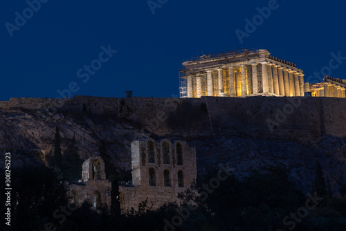 The Parthenon and Acropolis lit up at night