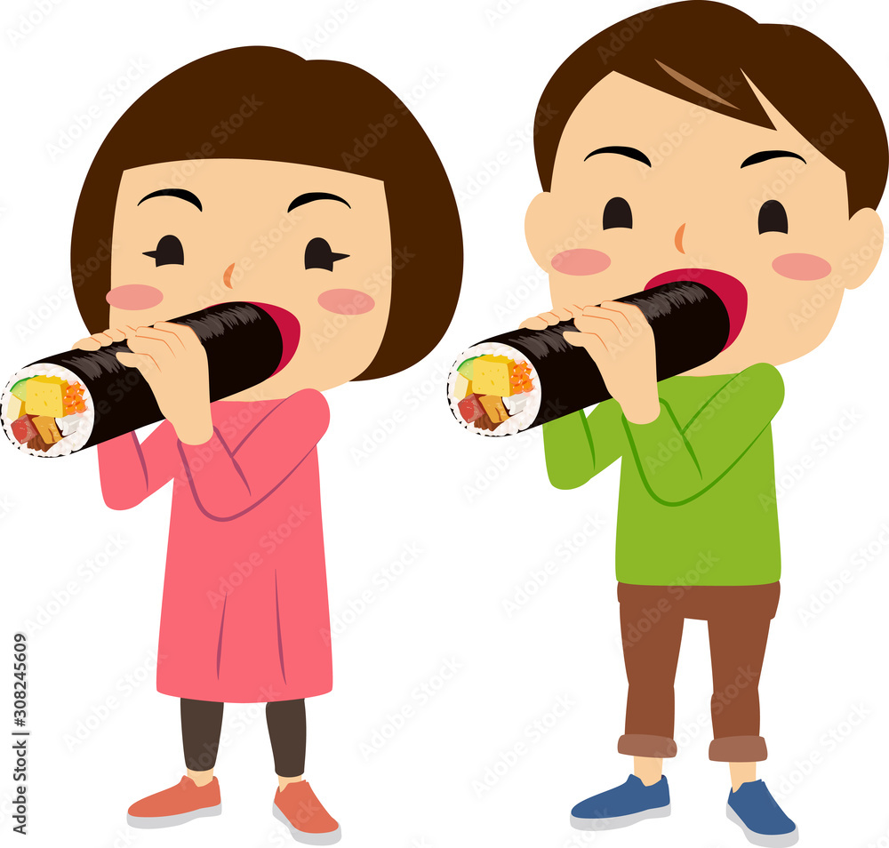 恵方巻きを食べる男の子 女の子