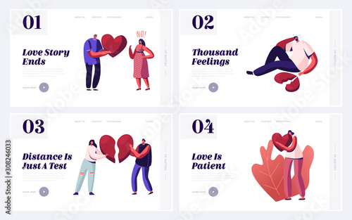 Couple Breakup, Disagreement and Cheating Website Landing Page Set. Men and Women with Broken Heart Parting and Divorce. Sorrow Frustration Feelings Web Page Banner. Cartoon Flat Vector Illustration