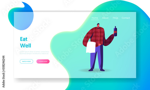 Restaurant or Bar Staff Serving Customer Website Landing Page. Waiter or Sommelier Holding Red Wine Bottle and White Towel for Tasting in Restaurant Web Page Banner. Cartoon Flat Vector Illustration