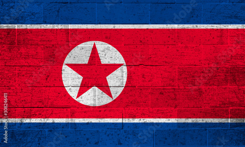 Flag of North Korea on old brick wall background 