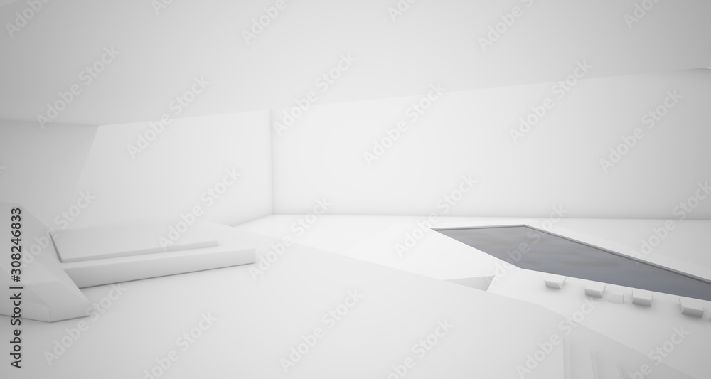 Abstract architectural white interior of a minimalist house with swimming pool. 3D illustration and rendering. Abstract architectural white interior of a minimalist house with swimming pool. 3D illustration and rendering.