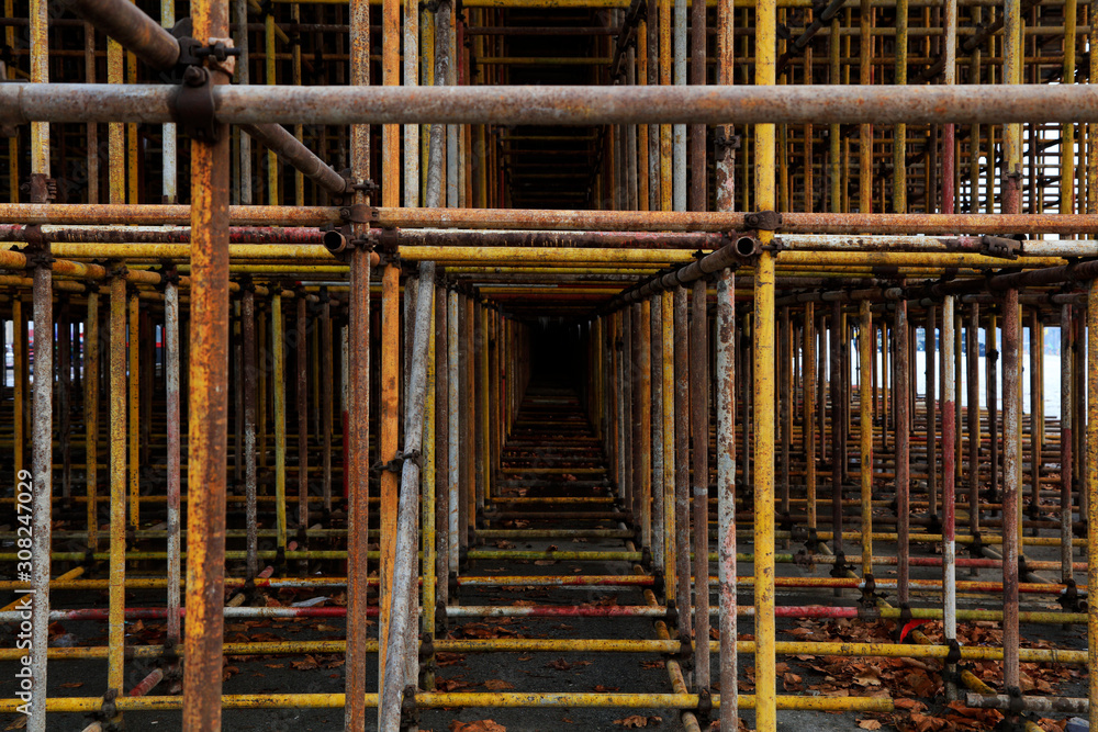 Scaffolding steel pipe at a construction site Scaffolding steel pipe at a construction site