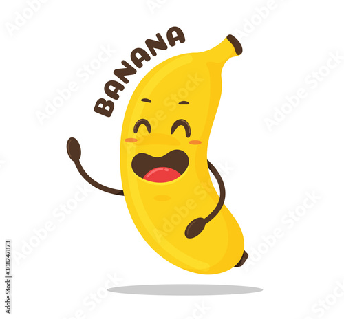 Banana cartoon. Vector yellow banana fruit is laughing happily.