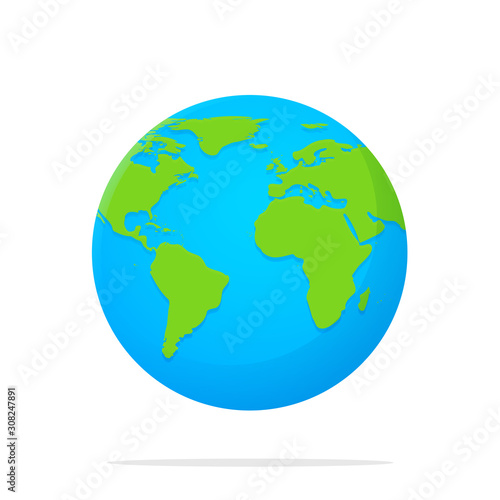 Earth Icon. Vector globe with a flat cartoon world map isolate on white background.