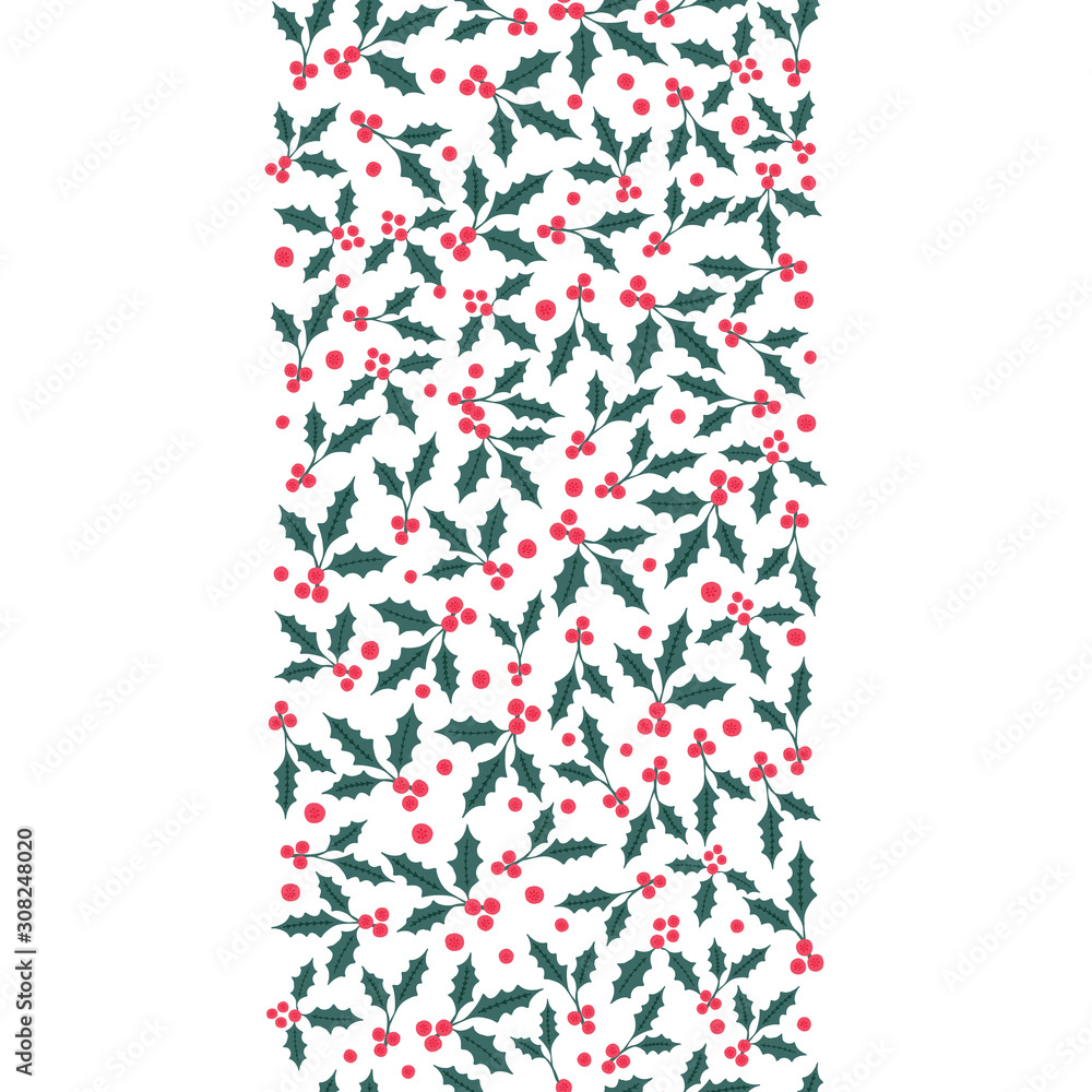 Winter seamless holly berry and mistletoe border isolated vertically on white background. Seasonal design for greeting card, header, banner, poster, greeting card, wallpaper or backdrop décor