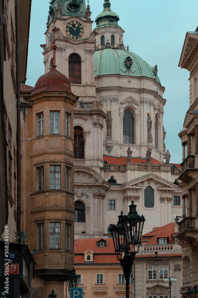 Green dome of Saint Nicholas Cathedral in lesser town, Mala Strana quarter, Prague, Czech Republic.