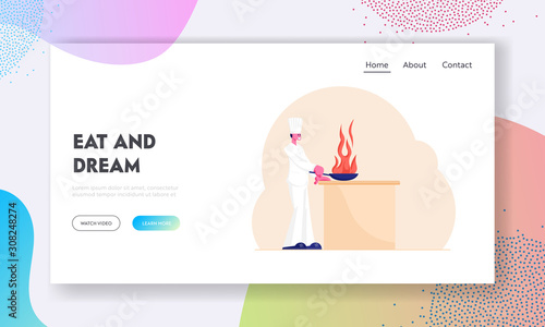 Professional Chef Cooking Food Over Open Fire Website Landing Page. Male Character in White Cook Uniform Holding Pan with Burning Flame. Hotel Service Web Page Banner. Cartoon Flat Vector Illustration