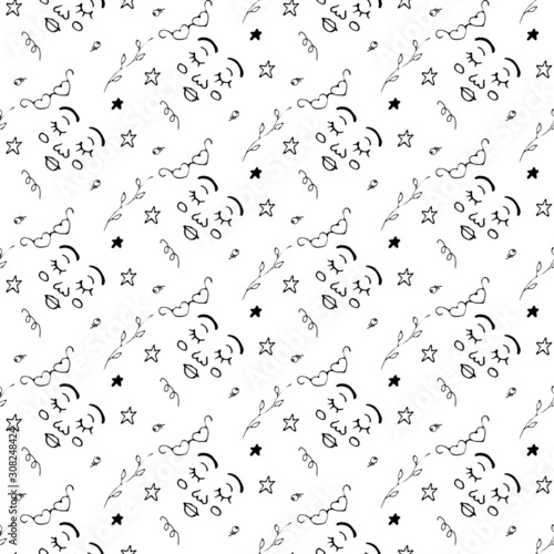 seamless pattern with female faces, signs of feminism and femininity surrounded by plants and flowers