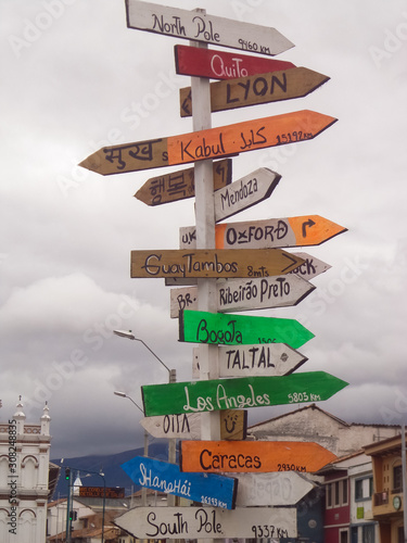 Street sign indicating directions to different places of the world  taken at Cuenca