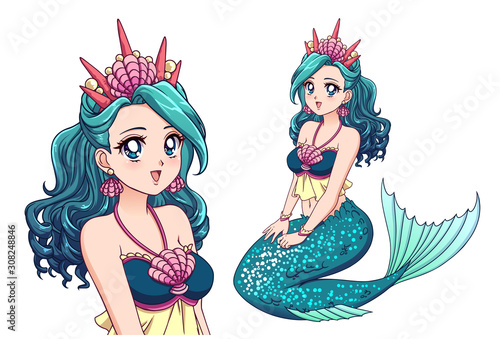 Pretty mermaid with curly cyan hair and shiny cyan fish tail and wearing shell crown. Retro anime style. Hand drawn vector illustration isolated on white.