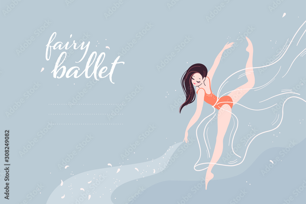 Beautiful magic banner with dancing ballerina girl isolated on light background. Flat cartoon style, pastel colors. For ballet learning, dance school, fairy party poster, card. Vector illustration.