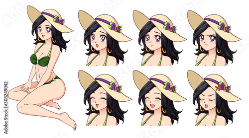 Set of anime expressions. Hand drawn cute girl with black hair