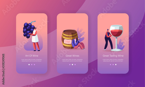 Wine Degustation Mobile App Page Onboard Screen Set. Man at Barrel, Woman with Huge Wineglass Drinking and Tasting Alcohol Drinks Concept for Website or Web Page, Cartoon Flat Vector Illustration