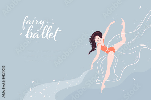 Beautiful magic banner with dancing ballerina girl isolated on light background. Flat cartoon style, pastel colors. For ballet learning, dance school, fairy party poster, card. Vector illustration.