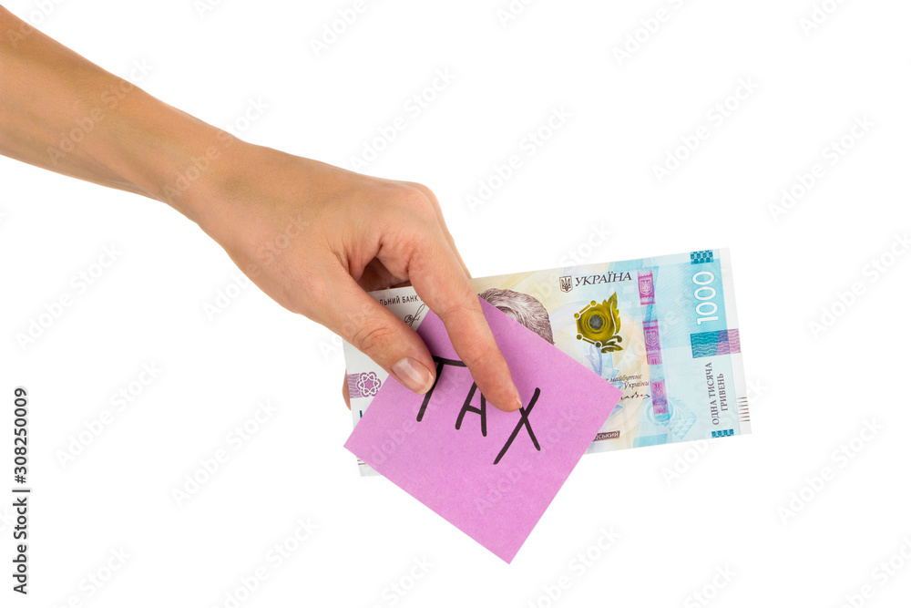 Thousand hryvnias and sticker with different financial signs and symbols in the hand, isolated Thousand hryvnias and sticker with different financial signs and symbols in the hand, isolated