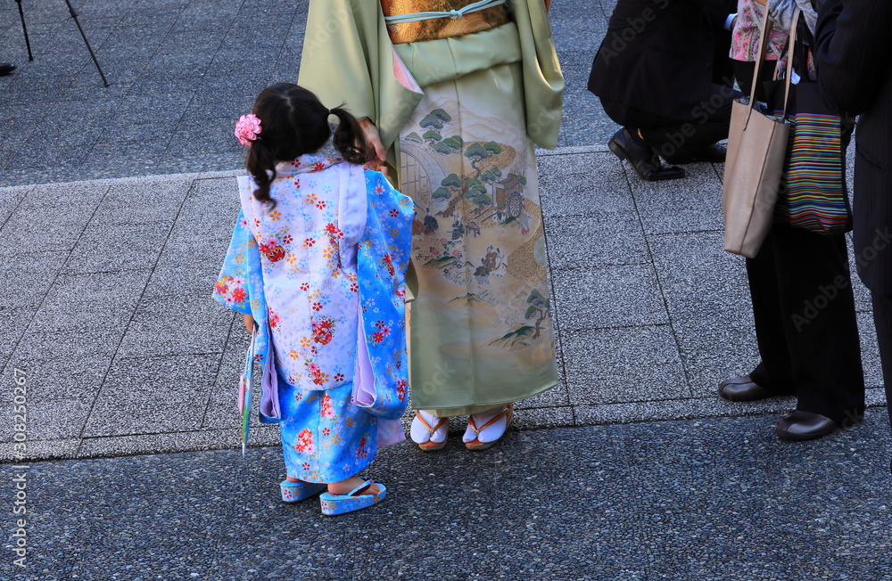 七五三 晴着で神社に詣でる母娘 七五三 晴着で神社に詣でる母娘