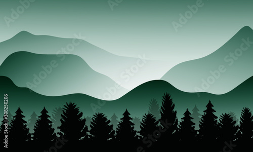 green tree forest background and snow for winter season concept.Hand drawn isolated illustrations.