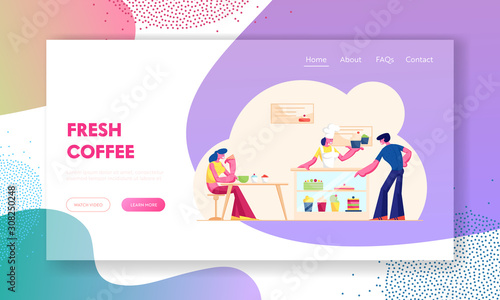 People Visiting Cafe or Bakehouse Website Landing Page. Saleswoman Stand at Desk with Pastry Giving Cake to Customer in Bakery Shop. Staff Serve Client Web Page Banner Cartoon Flat Vector Illustration