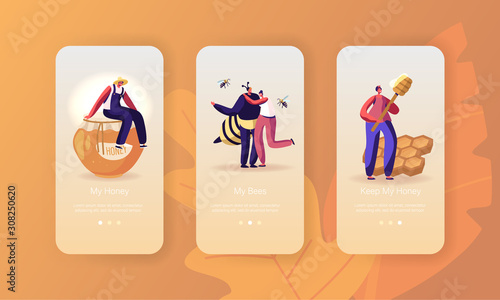 Producing Natural Eco Product on Beekeeping Farm Mobile App Page Onboard Screen Set. Beekeeper Extracting and People Eating Honey Concept for Website or Web Page, Cartoon Flat Vector Illustration