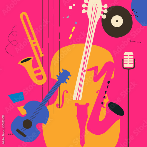 Music promotional poster with violoncello, saxophone, microphone, guitar and trombone flat vector illustration. Colorful music background, music show, live concert events, party flyer design template