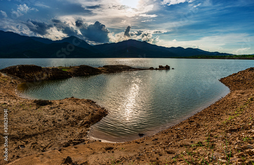 View of landscape nature and river and color of sunlight photo