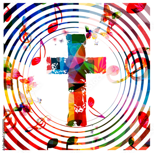 Colorful christian cross with music notes isolated vector illustration. Religion themed background. Design for gospel church music, concert, festival, choir singing, Christianity, prayer 