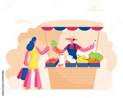 Farmer Sell Fresh Vegetables and Dairy Products to Woman Customer at Counter Desk. Outdoors Farm Market, Purchaser Character Buying Ecological Healthy Organic Food Cartoon Flat Vector Illustration