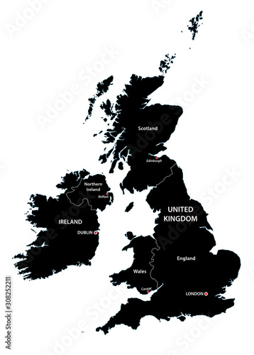 united kingdom and ireland map in black and white